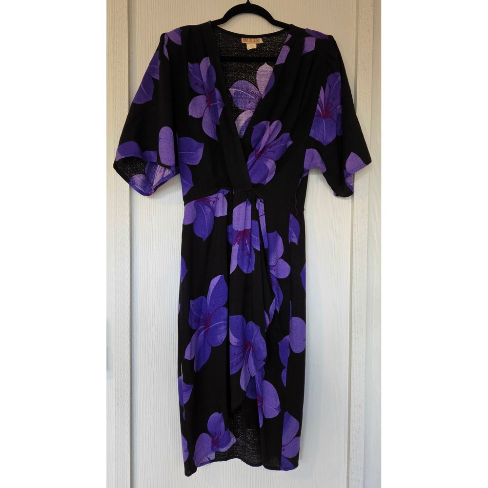 Vintage Floral Faux Wrap Midi Dress w Belt XS Resort Event Wedding Guest Office